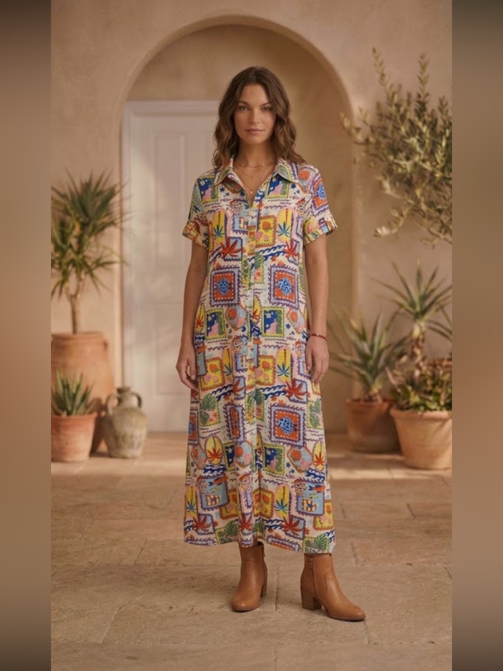Adrienne  Vittadini Tropical Fish & Fruit Print Button Up Maxi Dress L